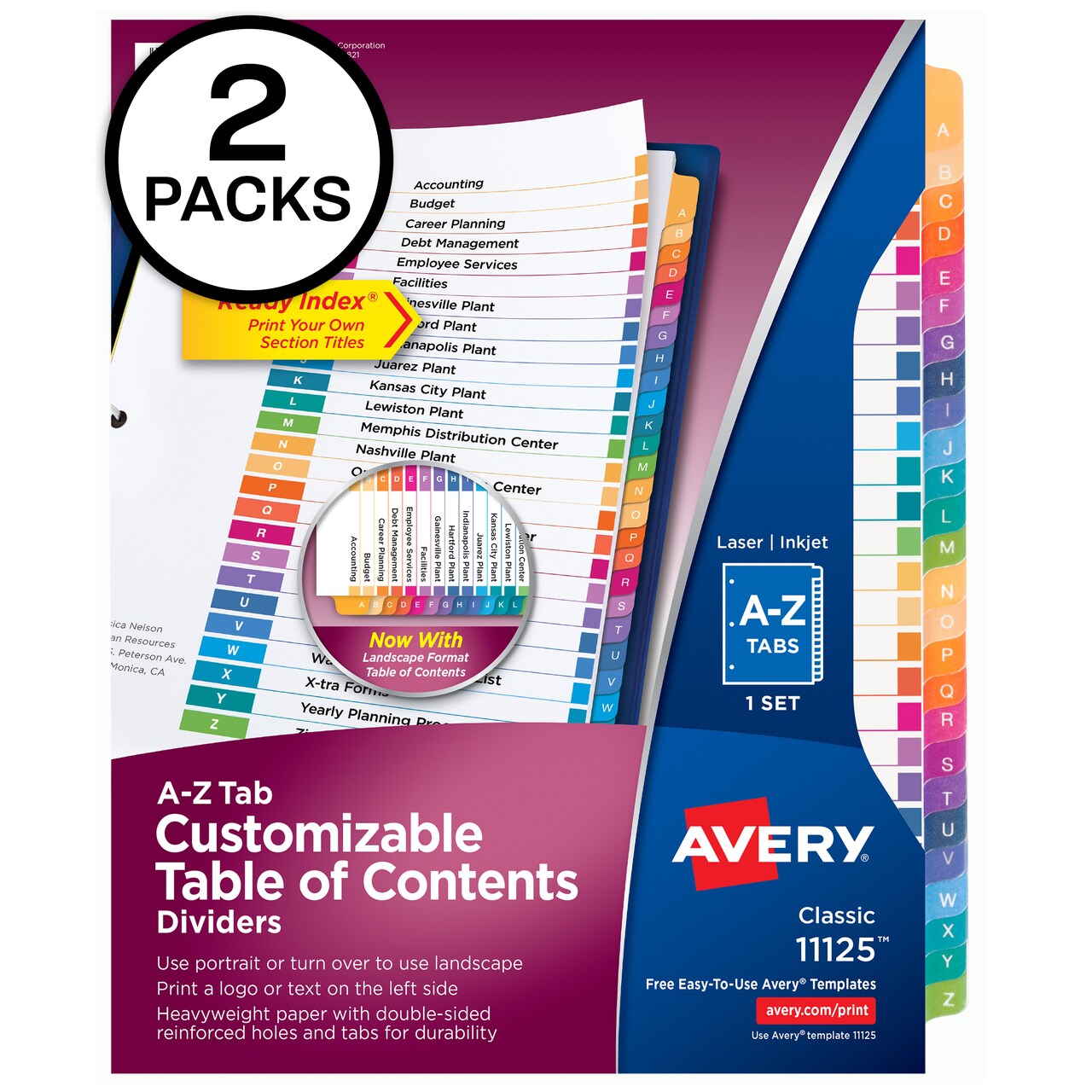 Avery A-Z Dividers for 3 Ring Binders, 26 Tabs per Set, Customizable Table of Contents, Multicolor Tabs (11125)